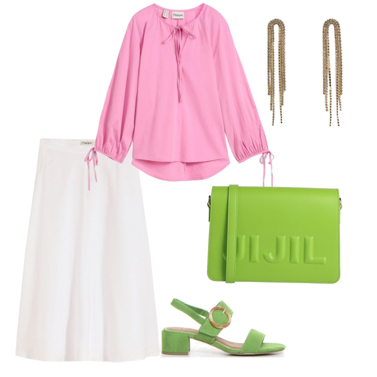 Outfit donna - Semplice. per Tutti i giorni. Abbinamento con gonne longuette, tuniche, borse a tracolla, orecchini, sandali col tacco.