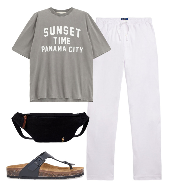 Outfit uomo - Casa dolce casa. Stile Casual per Tutti i giorni. Abbinamento con t-shirt, pantaloni, borse sportive, sandali.