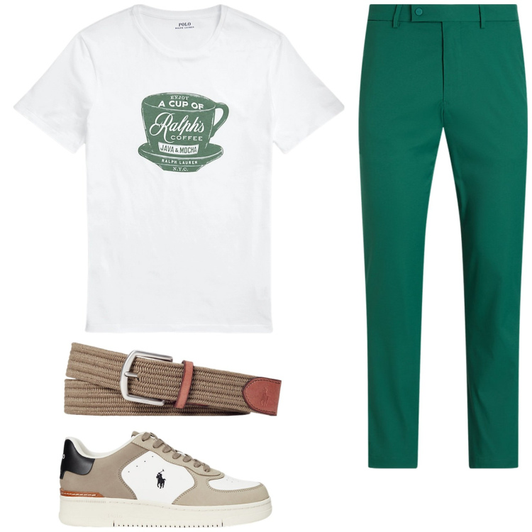Outfit uomo - Good morning. Stile Casual per Tutti i giorni. Abbinamento con t-shirt, cinture, sneakers, pantaloni.