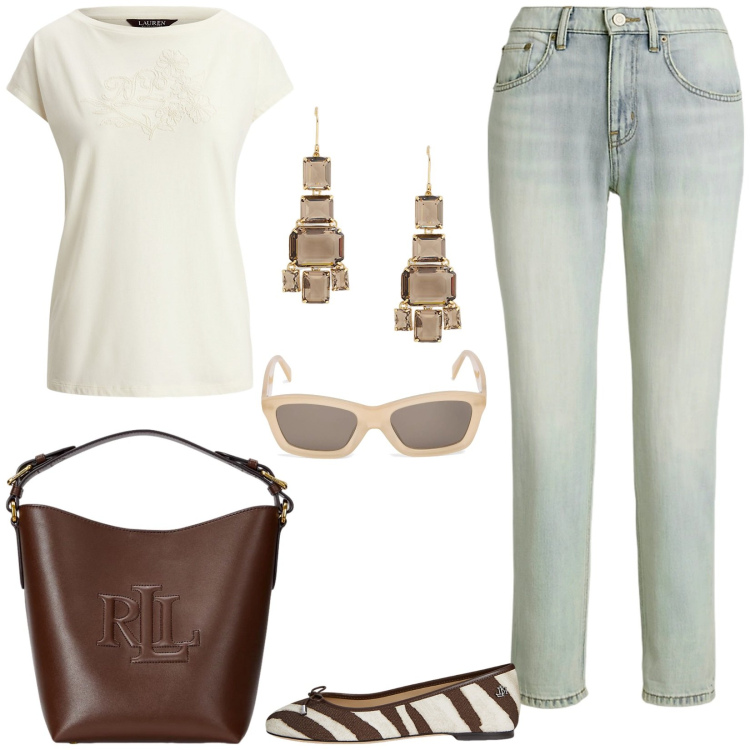 Outfit donna - Eleganza informale. Stile Casual chic per Tutti i giorni. Abbinamento con borse a secchiello, ballerine, jeans, t-shirt, orecchini, occhiali da sole.