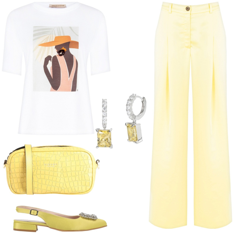 Outfit donna - Un raggio di sole. Stile Casual chic per Tutti i giorni. Abbinamento con borse a tracolla, ballerine, orecchini, pantaloni, t-shirt.