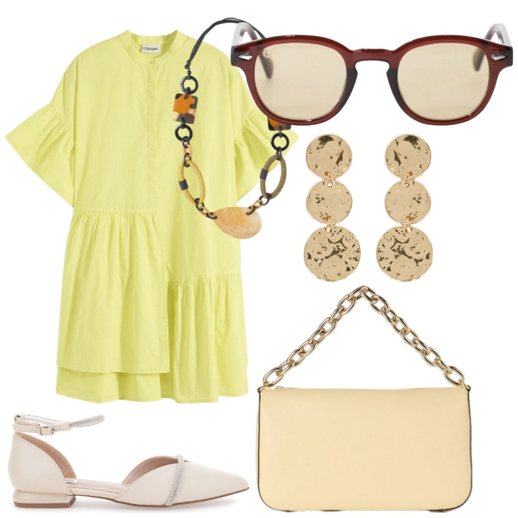 Outfit donna - Per la prossima stagione. Stile Bon Ton per Tutti i giorni. Abbinamento con vestiti, occhiali da sole, collane, orecchini, ballerine, borse a tracolla.