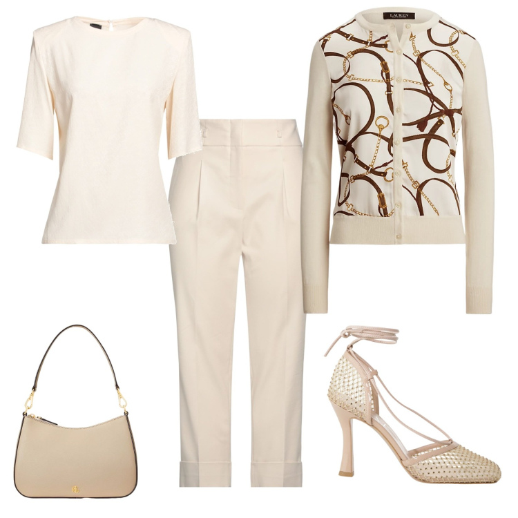 Outfit donna - Ton sur ton. Stile Chic per Serata fuori. Abbinamento con pantaloni, top, borse a spalla, cardigans, décolleté.