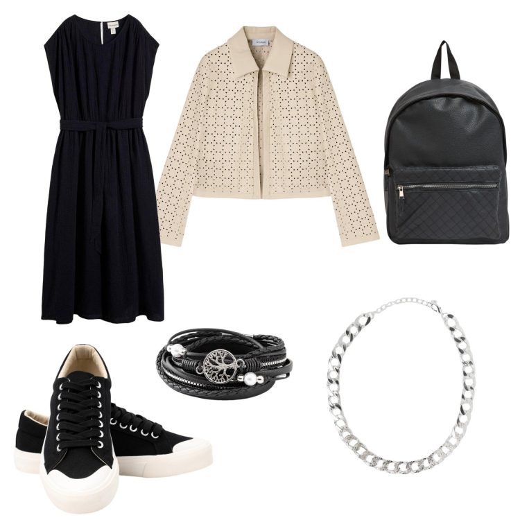 Outfit donna - Total look #2129119. Stile Casual per Scuola/Università. Abbinamento con vestiti midi/longuette, braccialetti, collane, zaini, sneakers, blazer.