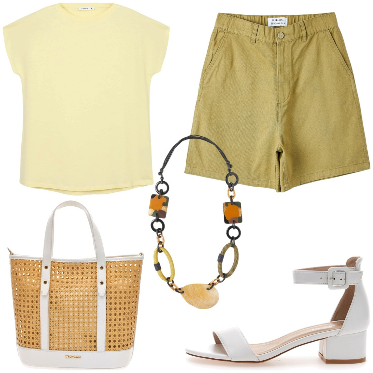Outfit donna - Safari city. Stile Casual per Tutti i giorni. Abbinamento con t-shirt, bermuda, collane, borse a spalla, sandali col tacco.