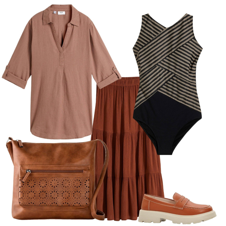 Outfit donna - Weekend in Liguria. Stile Casual chic per Mare. Abbinamento con borse a tracolla, costumi interi, gonne longuette, bluse, mocassini.
