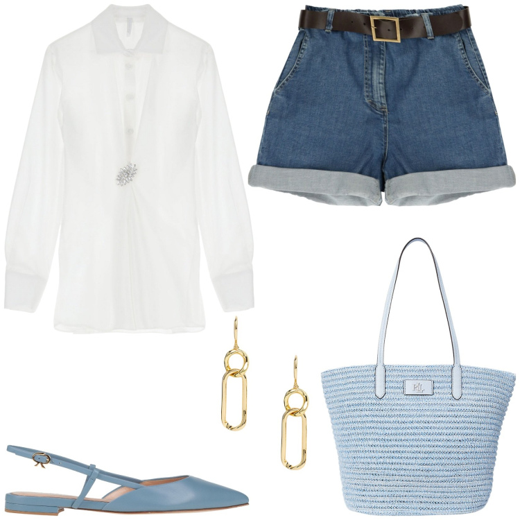Outfit donna - Chic in shorts. Stile Casual chic per Tutti i giorni. Abbinamento con ballerine, bermuda, camicie, orecchini, borse tote.