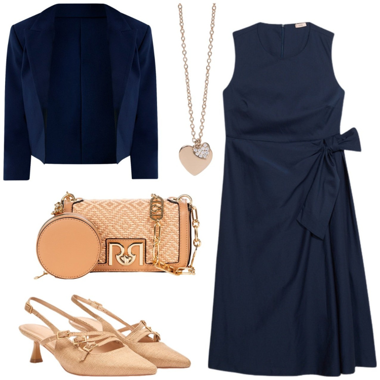 Outfit donna - Blu come la notte. Stile Casual chic per Serata fuori. Abbinamento con ciondoli, bolero, borse a tracolla, vestiti midi/longuette, décolleté.