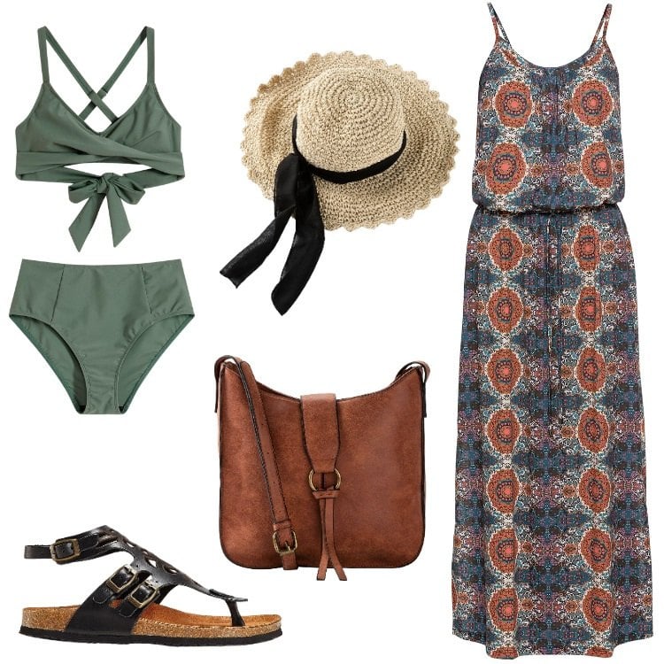 Outfit donna - Voglia di Mare. Stile Etnico per Mare. Abbinamento con vestiti lunghi, borse a tracolla, cappelli, bikini, sandali in pelle.