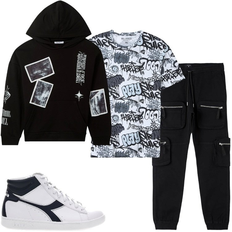 Outfit uomo - Urban alternative. Stile Urban per Tutti i giorni. Abbinamento con pantaloni cargo, t-shirt, felpe con cappuccio, sneakers.