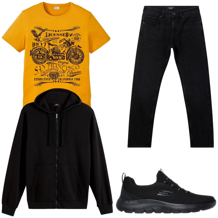 Outfit uomo - Colori vitaminici. Stile Urban per Tutti i giorni. Abbinamento con felpe con cappuccio, t-shirt, jeans, sneakers.