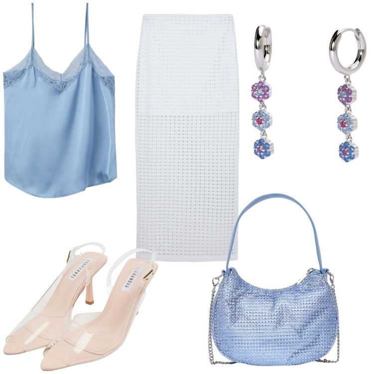 Outfit donna - Terranova occasione speciale. Stile Glamour per Serata fuori. Abbinamento con gonne lunghe, sandali col tacco, borse a spalla, top, orecchini.