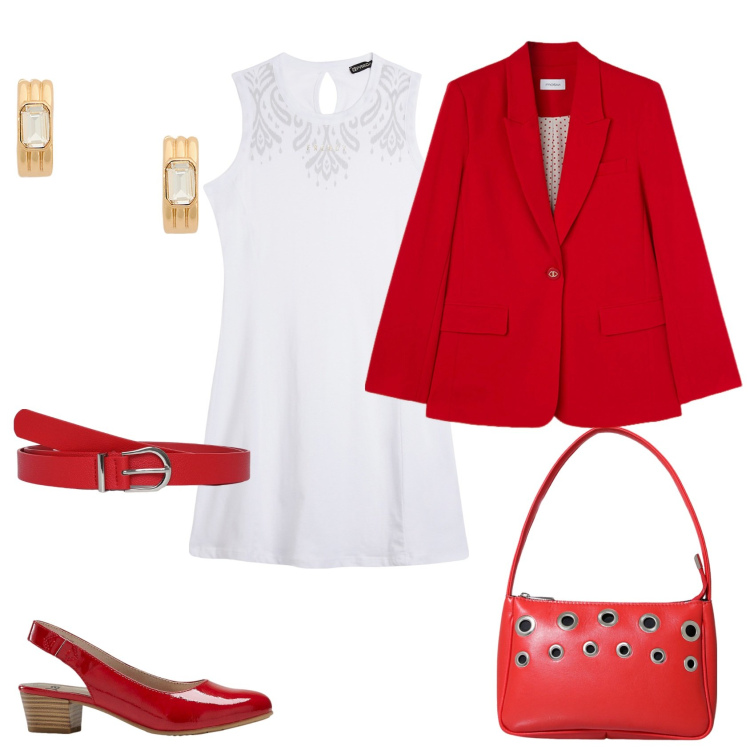 Outfit donna - Total look #2129157. Stile Chic per Ufficio. Abbinamento con décolleté, cinture, vestiti midi/longuette, borse a mano, orecchini, blazer.