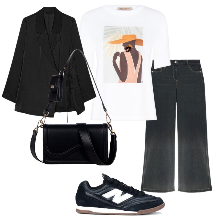 Outfit donna - Total look #2129160. Stile Casual per Tutti i giorni. Abbinamento con sneakers, pochette, t-shirt, blazer, jeans.