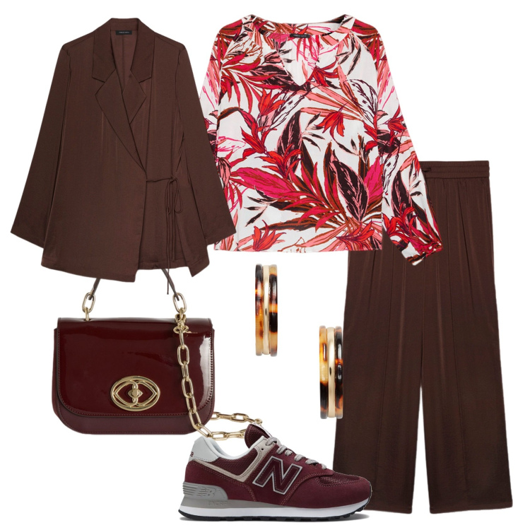 Outfit donna - Total look #2129166. Stile Casual chic per Tutti i giorni. Abbinamento con sneakers, orecchini, blazer, bluse, pantaloni a palazzo, borse a tracolla.