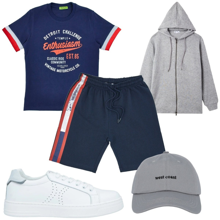 Outfit uomo - Total look #2129170. Stile Trendy per Sport. Abbinamento con sneakers, cappelli con visiera, felpe, t-shirt, pantaloni corti.