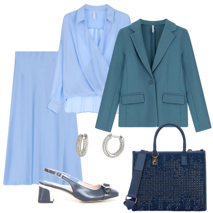 Outfit donna - Total look #2129171. Stile Chic per Ufficio. Abbinamento con orecchini, bluse, blazer, gonne longuette, borse a mano, décolleté.