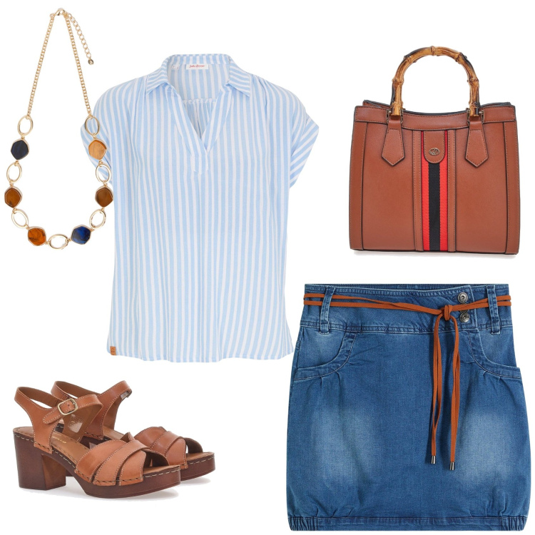 Outfit donna - In ufficio d\'estate. Stile Casual chic per Tutti i giorni. Abbinamento con bluse, minigonne, borse a tracolla, sandali in pelle, collane.