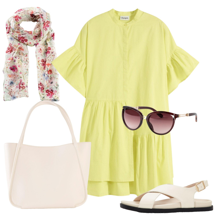 Outfit donna - Good vibes. Stile Casual chic per Tutti i giorni. Abbinamento con foulard, occhiali da sole, sandali, shopping bag, vestiti.