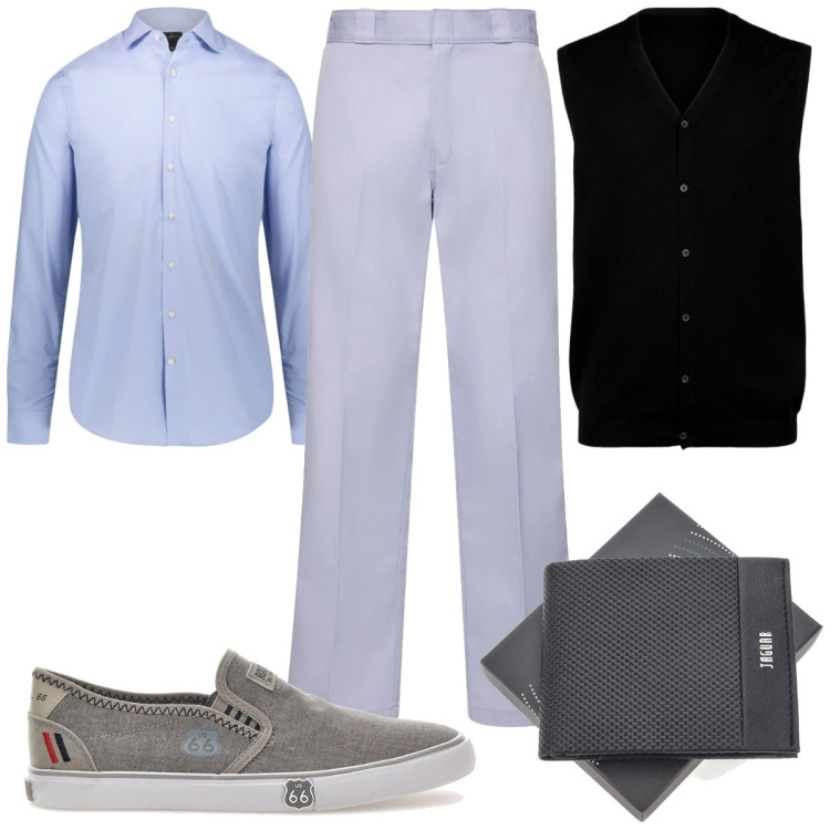 Outfit uomo - Total look #2129179. Stile Trendy per Ufficio. Abbinamento con camicie, sneakers, portafogli, pantaloni, gilet.
