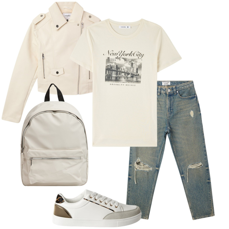 Outfit donna - BASIC tutto il giorno. Stile Basic per Scuola/Università. Abbinamento con jeans mom, sneakers, giacche, t-shirt, zaini.