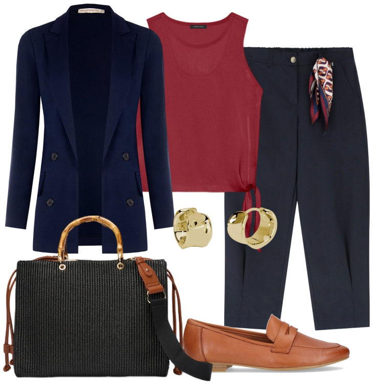 Outfit donna - Total look #2129181. Stile Mannish per Ufficio. Abbinamento con orecchini, blazer, pantaloni chino, mocassini, borse a mano, top.