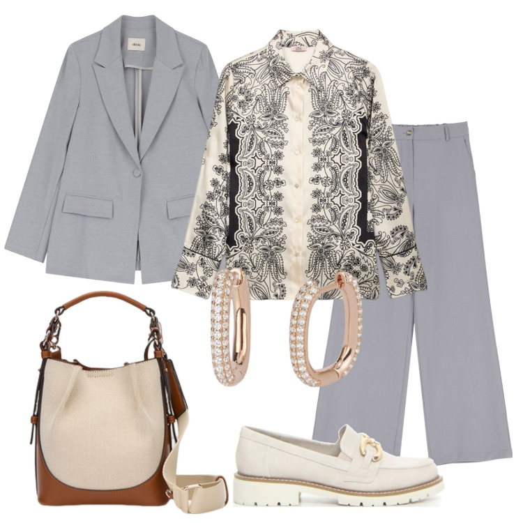 Outfit donna - Total look #2129182. Stile Mannish per Ufficio. Abbinamento con orecchini, pantaloni a palazzo, blazer, mocassini, camicie, borse a mano.