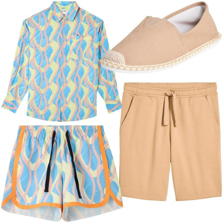 Outfit uomo - Una giornata al mare. Stile Casual per Mare. Abbinamento con bermuda, espadrillas, costumi, camicie.