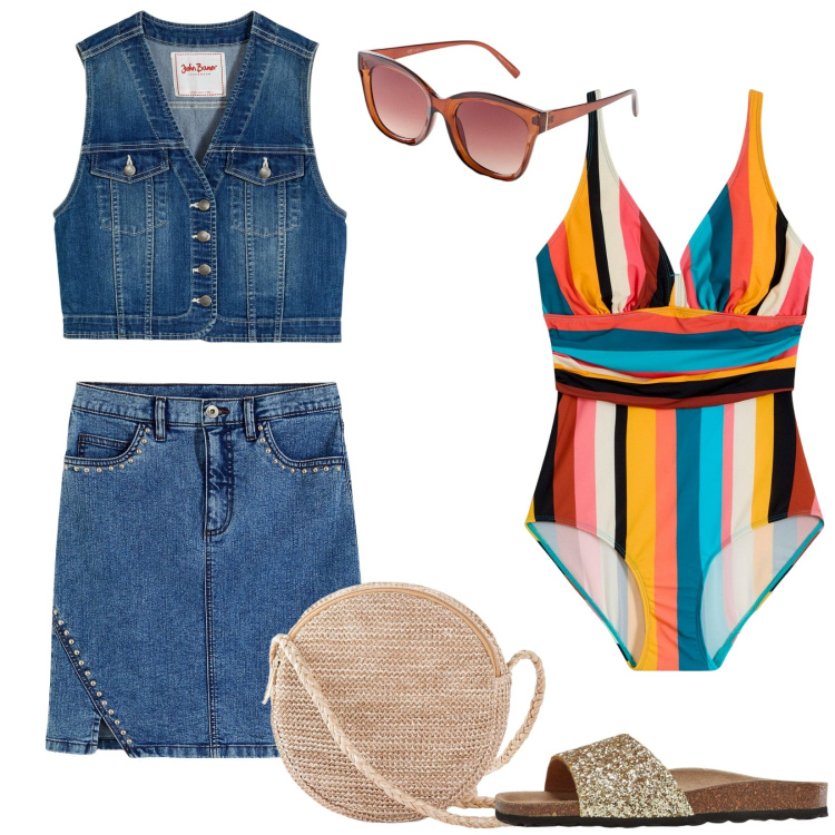 Outfit donna - Il festival in spiaggia. Stile 70s per Mare. Abbinamento con costumi interi, ciabatte, gilet, borse a tracolla, minigonne, occhiali da sole.