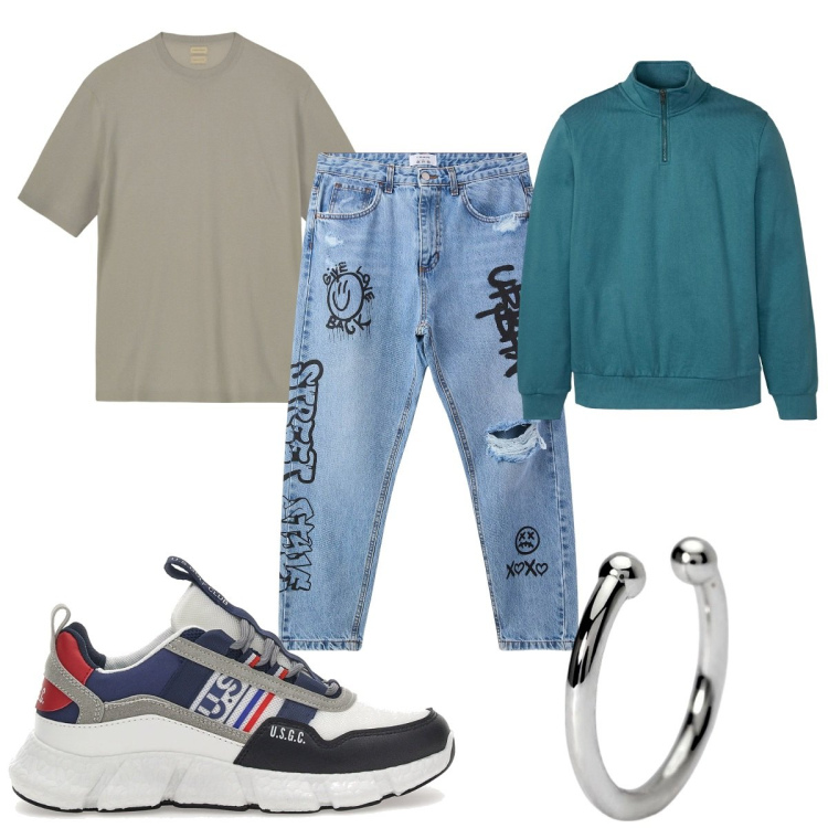Outfit uomo - Total look #2129192. Stile Urban per Tutti i giorni. Abbinamento con felpe, jeans strappati, orecchini, sneakers, t-shirt.