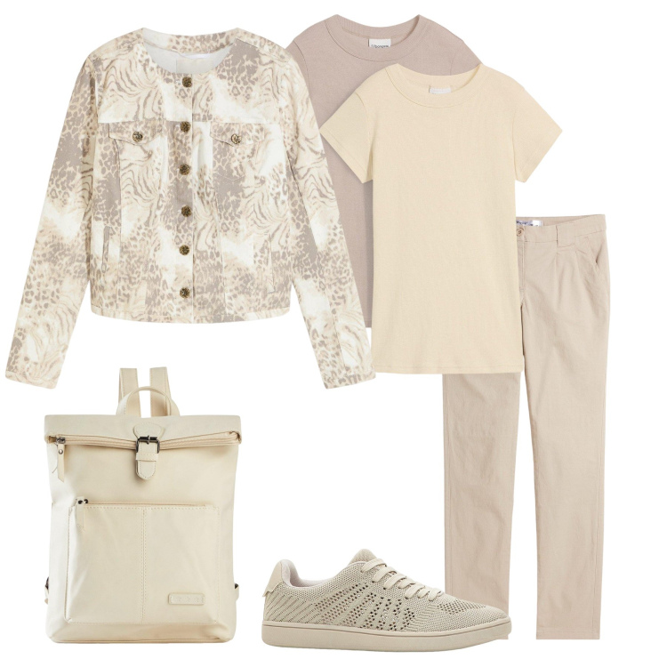 Outfit donna - BASIC al lavoro. Stile Basic per Ufficio. Abbinamento con pantaloni chino, t-shirt, zaini, sneakers, blazer.