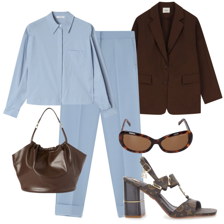 Outfit donna - Look versatile cacao/avio. Stile Glamour per Tutti i giorni. Abbinamento con pantaloni, blazer, occhiali da sole, borse a secchiello, sandali col tacco, camicie.