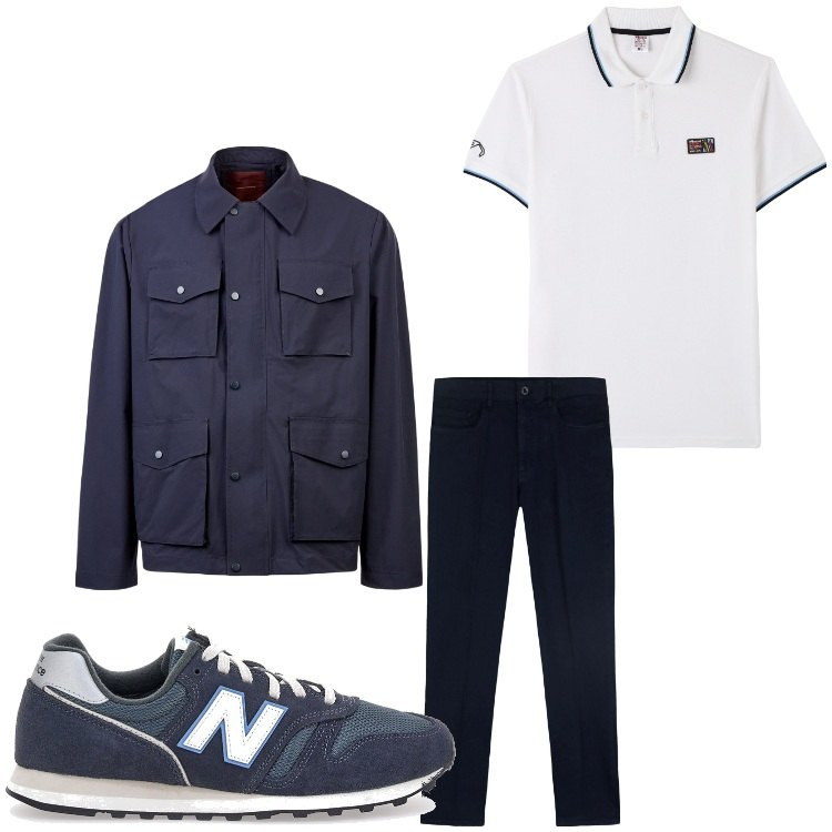 Outfit uomo - Bianco e blu. Stile Casual per Tutti i giorni. Abbinamento con polo, sneakers, giacche, pantaloni.