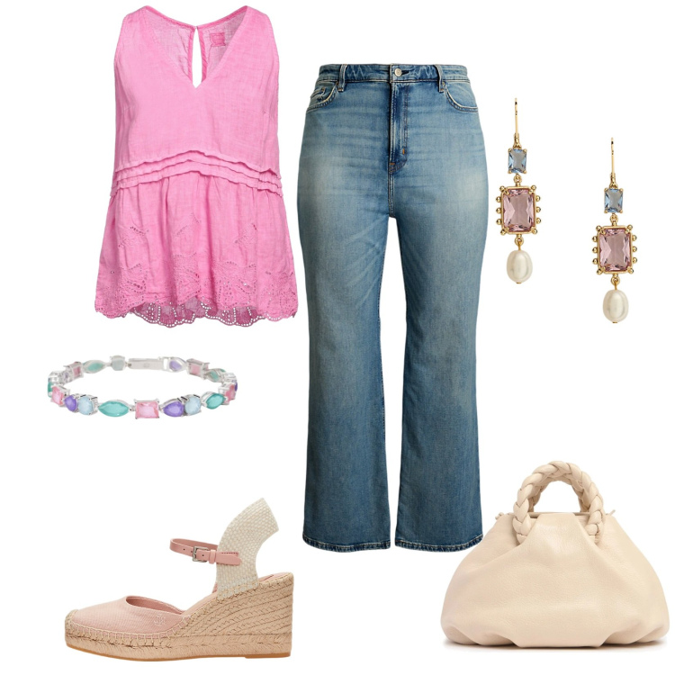 Outfit donna - Tocco di rosa. Stile Casual chic per Serata fuori. Abbinamento con braccialetti, jeans, espadrillas, orecchini, top, borse a mano.