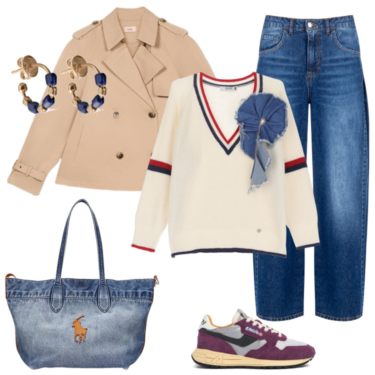 Outfit donna - Jeans e maglia dettaglio. Stile Basic per Tutti i giorni. Abbinamento con jeans, maglieria, borse tote, orecchini, trench, sneakers.