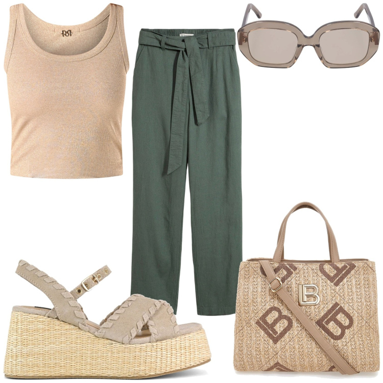 Outfit donna - Per la città. Stile Casual chic per Tutti i giorni. Abbinamento con pantaloni, canottiere, zeppe, occhiali da sole, borse a tracolla.