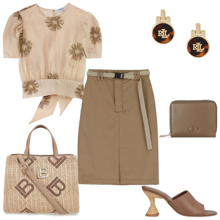 Outfit donna - In ufficio. Stile Casual chic per Ufficio. Abbinamento con sandali in pelle, gonne, orecchini, bluse, borse a tracolla, portafogli.