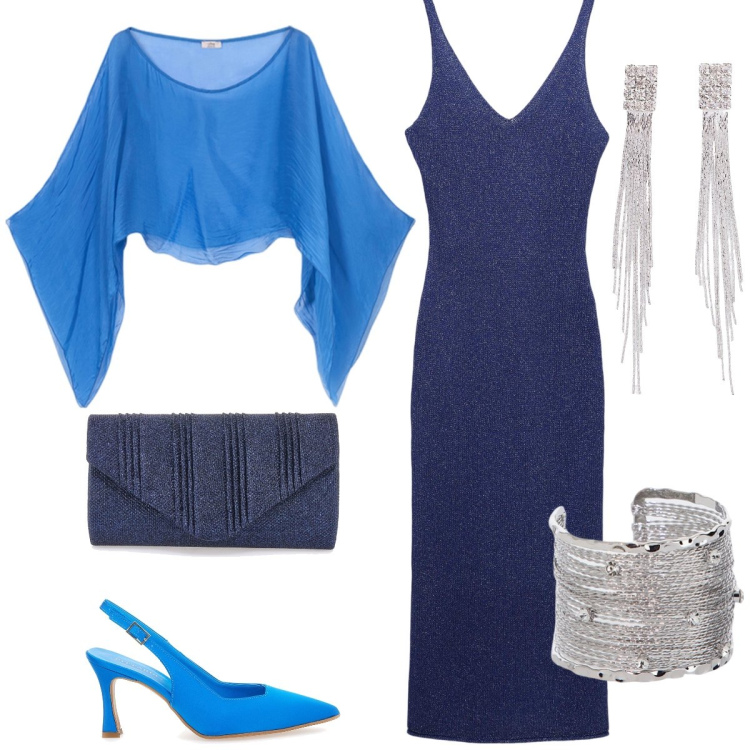 Outfit donna - Serata fuori. Stile Sexy per Serata fuori. Abbinamento con orecchini, vestiti lunghi, braccialetti, décolleté, clutch, bolero.