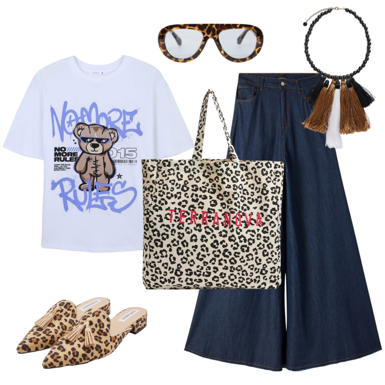 Outfit donna - Chic maculato. Stile Casual chic per Tutti i giorni. Abbinamento con sabot, t-shirt, jeans, shopping bag, occhiali da sole, collane.