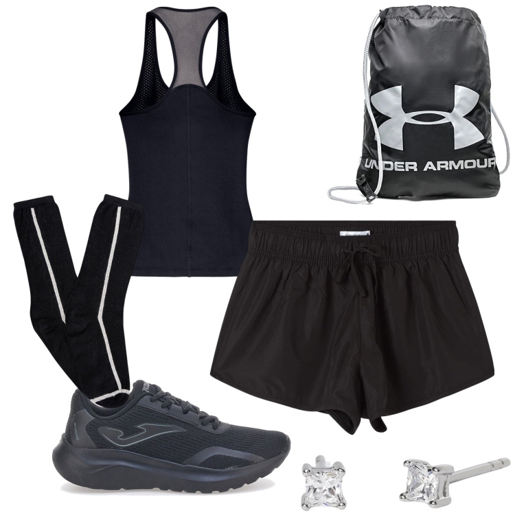 Outfit donna - Semplicemente palestra. Stile Basic per Sport. Abbinamento con pantaloni corti, orecchini, sneakers, calzini, zaini, canottiere.