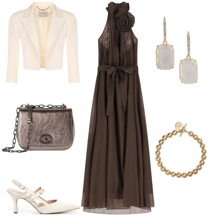 Outfit donna - Cerimonia. Stile Chic per Cerimonia. Abbinamento con vestiti lunghi, bolero, braccialetti, orecchini, borse a tracolla, décolleté.