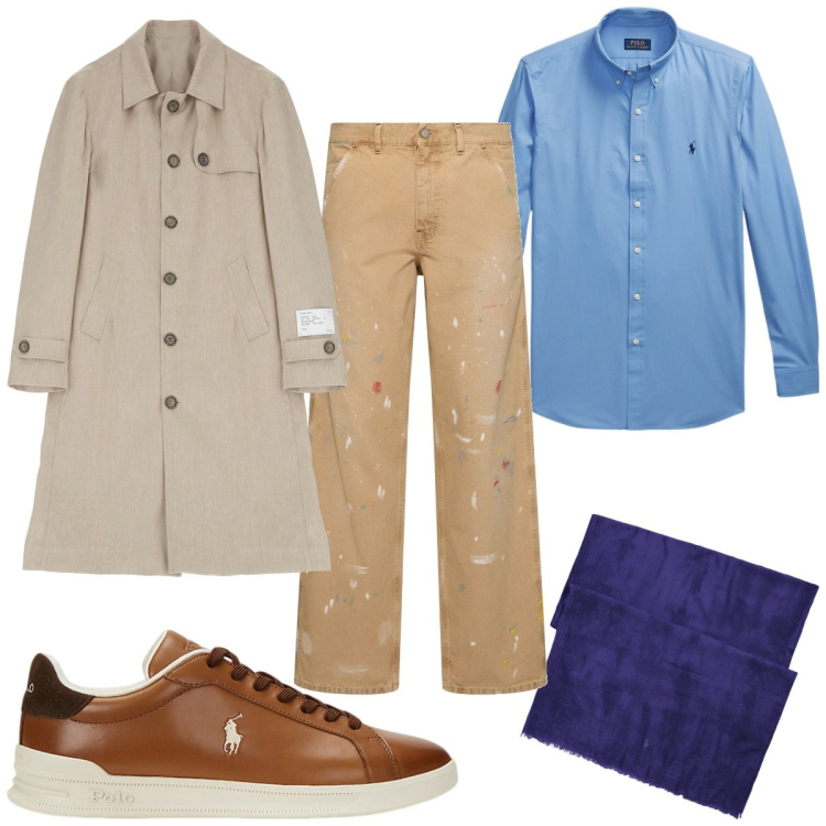 Outfit uomo - Total look #2129232. Stile Casual per Tutti i giorni. Abbinamento con trench, camicie, sneakers, sciarpe, pantaloni.