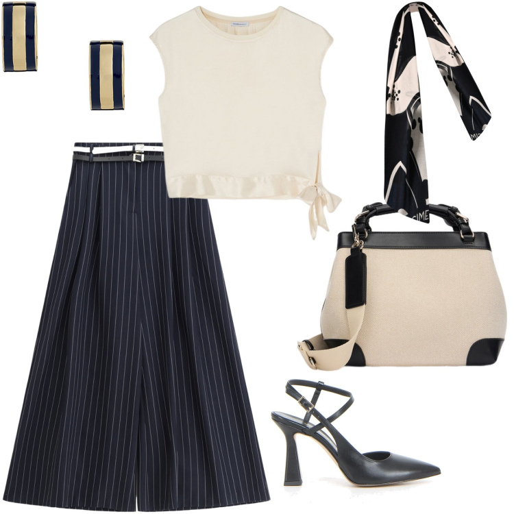 Outfit donna - In ufficio. Stile Casual chic per Ufficio. Abbinamento con pantaloni a palazzo, sciarpe, orecchini, bluse, borse a mano, sandali col tacco.