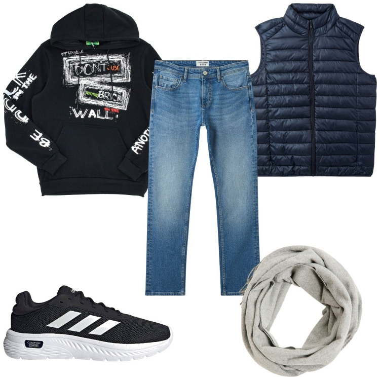 Outfit uomo - Total look #2129235. Stile Casual per Tutti i giorni. Abbinamento con jeans, piumini, sciarpe, felpe con cappuccio, sneakers.