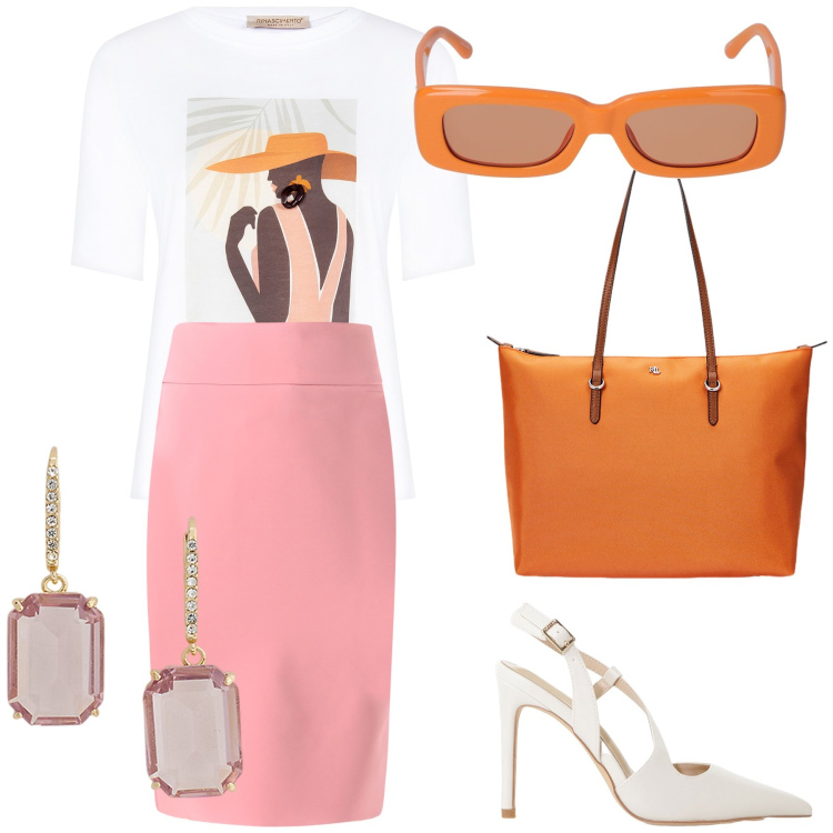 Outfit donna - Chic in t-shirt. Stile Glamour per Ufficio. Abbinamento con gonne, t-shirt, décolleté, borse tote, orecchini, occhiali da sole.