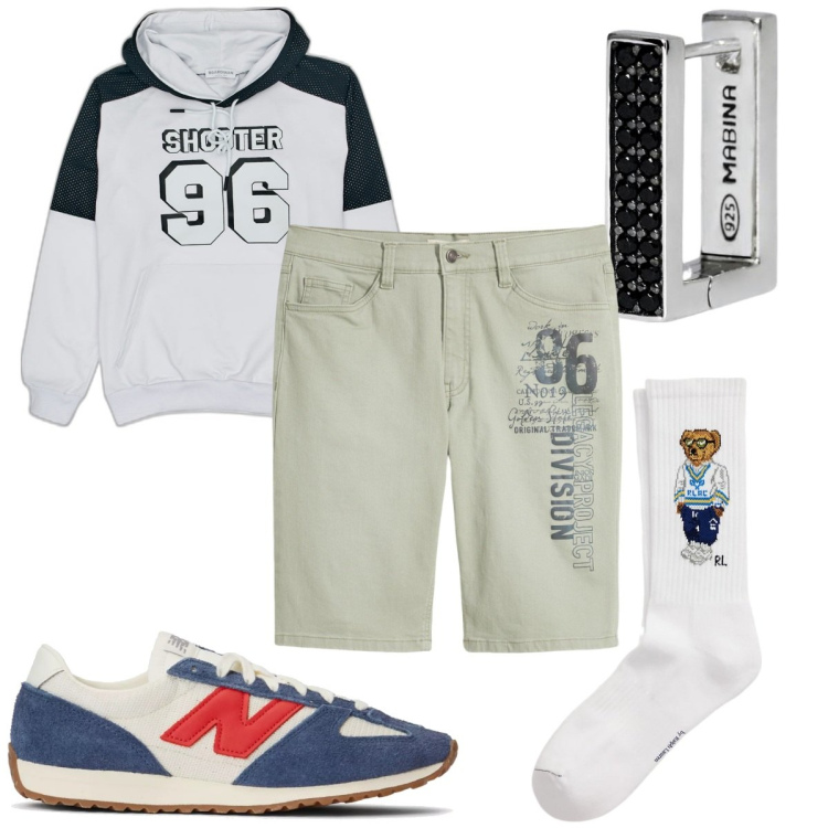 Outfit uomo - Total look #2129239. Stile Urban per Tutti i giorni. Abbinamento con bermuda, orecchini, sneakers, calzini, felpe con cappuccio.