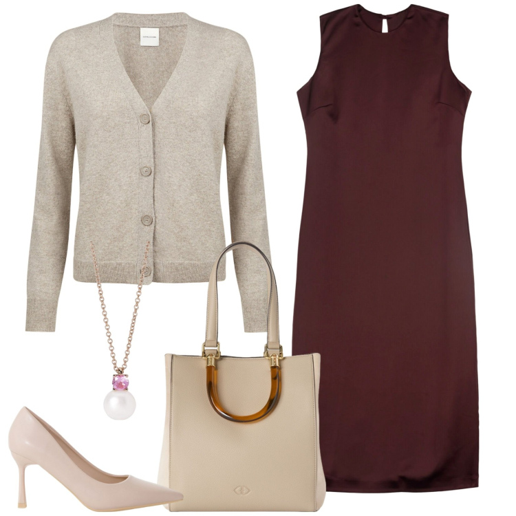 Outfit donna - Un pranzo fuori. Stile Minimal per Serata fuori. Abbinamento con collane, décolleté, cardigans, vestiti midi/longuette, shopping bag.