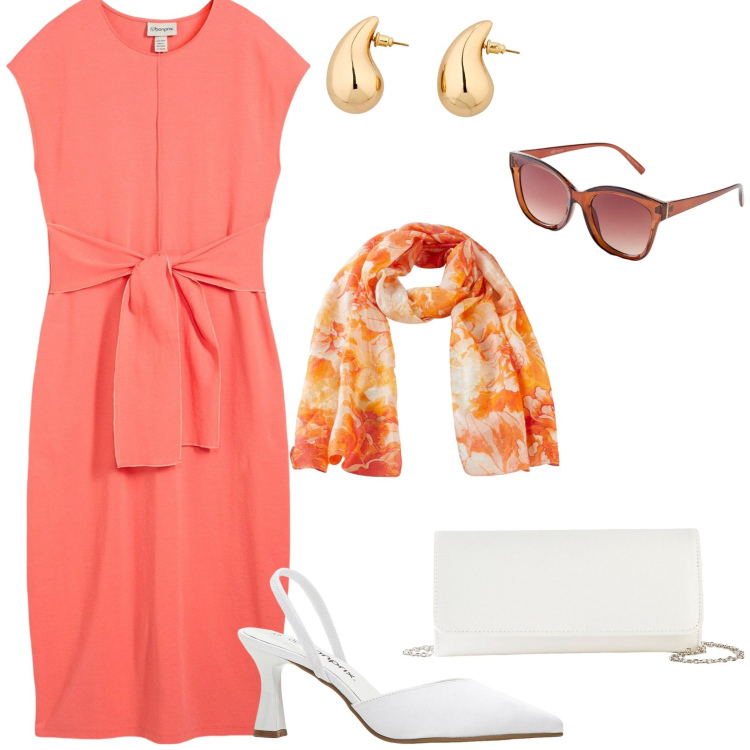 Outfit donna - Abito vitaminico. Stile Casual chic per Cerimonia. Abbinamento con décolleté, sciarpe, pochette, vestiti, orecchini, occhiali da sole.