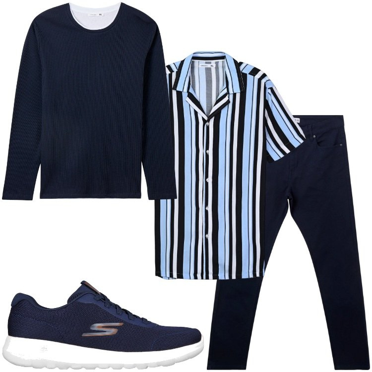 Outfit uomo - Comodità in blu. Stile Casual per Tutti i giorni. Abbinamento con pantaloni skinny, maglieria, camicie a manica corta, sneakers.