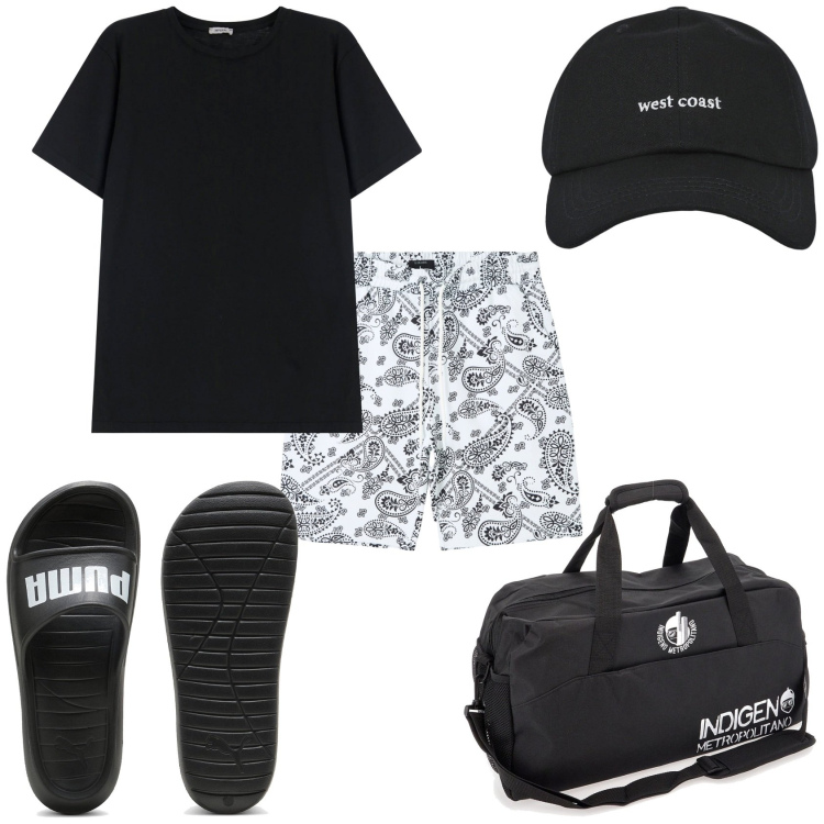 Outfit uomo - Al mare. Stile Casual per Mare. Abbinamento con bermuda, cappelli con visiera, t-shirt, sandali, borse sportive.